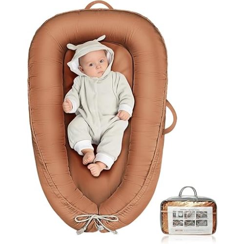 Baby Lounger, Full Cotton Breathable Baby Nest Cover for Baby Girls & Boys, Newborn Essentials for Baby 0-48 Months, Co Sleeper Portable Infant Bed for Home and Travel - Golden Brown