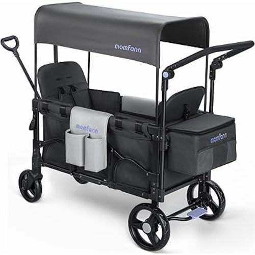 Double Stroller Wagon for Kids, Baby Wagon Stroller with Adjustable Handle for Toddler Includes Canopy & Organizer, Foldable and Convenient for Storage, Gray