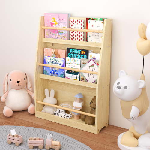 PORKISS 3 Tier Bookshelf for Kids, Wooden Kids Book Rack, Modern Kids Bookcase for Bedroom, Playroom and Classroom, Natural