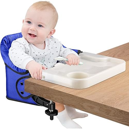 Hook On Chair with Removable Dining Tray, Portable Table High Chair, Folding Compact Baby Seat with Storage Bag for Indoor/Outdoor(Bright Blue)