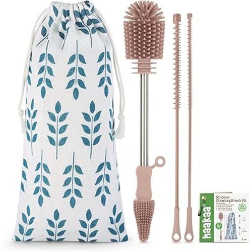 Haakaa Silicone Cleaning Brush Kit - Baby Bottle Brush Cleaner for Breast Pump,Nipple,Breast Milk Storage Bag,Reusable Straw,Sippy Cup - Food Grade Silicone Bristles, Portable - 3 Pcs - Pink