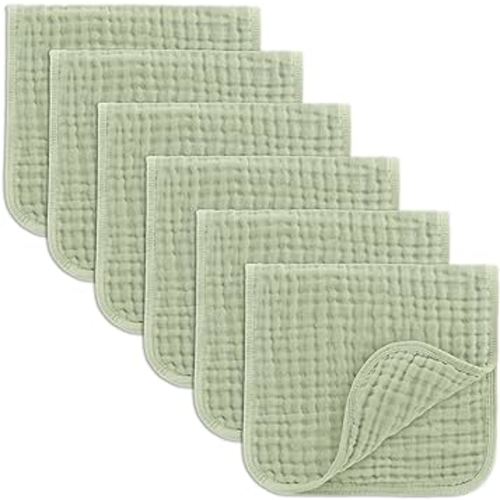Comfy Cubs Muslin Burp Cloths 20" x 10", Pack of 6 - Large, 6-Layer, Ultra Absorbent 100% Cotton for Baby Drool and Messes - Soft, Safe & Gentle Baby Burp Cloths Set for Boys & Girls - Sage