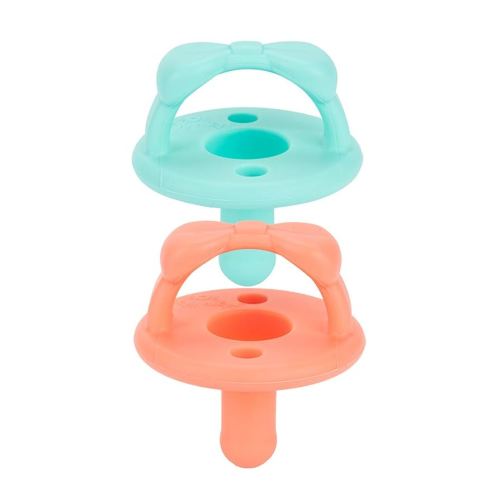 Itzy Ritzy Silicone Pacifiers for Newborn - Sweetie Soother Pacifiers Feature Collapsible Handle & Two Air Holes for Added Safety; for Ages Newborn and Up, Set of 2 in Aquamarine & Peach