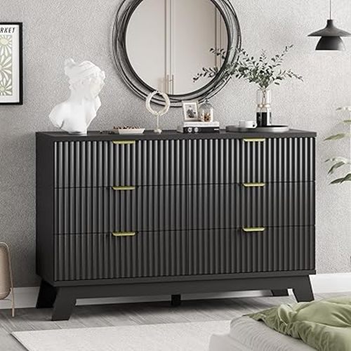 Fluted Dresser for Bedroom with 6 Drawers, 48" Wide Modern Chest of Drawers with Metal Handle, Wooden Dresser TV Stand, Wood Closet Clothes Storage Drawer Organizer for Living Room, Hallway, Black