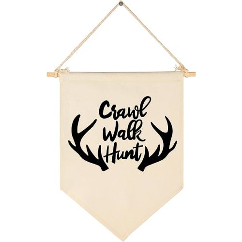 Crawl Walk Hunt,Woodland Deer-Flag Sign Gifts for Baby Newborn Boys Girls Kids-Banner Wall Decor Gift for Nursery Bedroom Playroom Front Door-Baby Gift Shower-New Home Birthday Christmas Gift