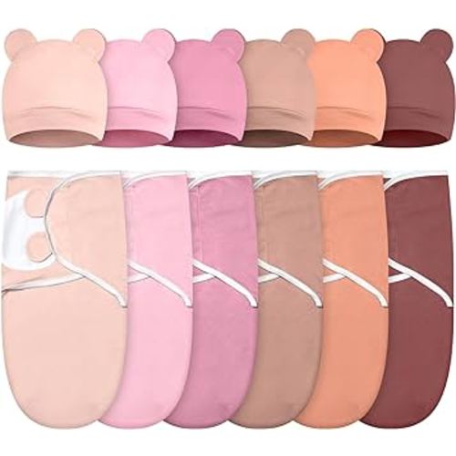 6 Pack Baby Swaddle Blanket with Hats Set for Preemie Newborn Sacks Soft Cotton Wearable for Baby Boy and Girl (Solid Pink,0-3 Months)