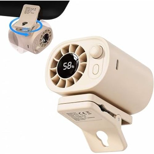 EVADA Car Clip On Fan with LED Display, 360° Rotating, 100 Speed Adjustable, Portable USB Rechargeable 1800mAh Battery Personal Cooling Mini Fan Handheld for Summer, Office, Outdoor, Travel - Khaki