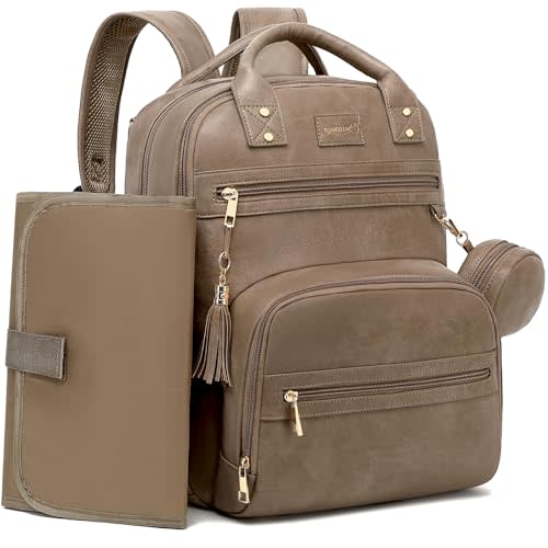 ROSEGIN Premium Vegan Leather Diaper Bag Backpack with Waterproof Changing Pad, Reinforced Zippers & Odor-Free, 20 Pockets Pro Organizer, Fits 15.6" Laptop, Stroller Straps, Baby Bag for Mom, Taupe