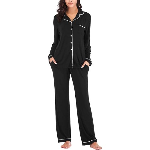 Aamikast Women's Pajama Sets Long Sleeve Button Down Sleepwear Nightwear Soft Pjs Lounge Sets - Black