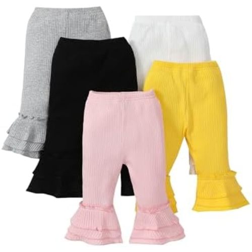 Toddler and Baby Girl Stretchy Flare Pants with Ruffle Fleece Pants and Leggings 5-Pack