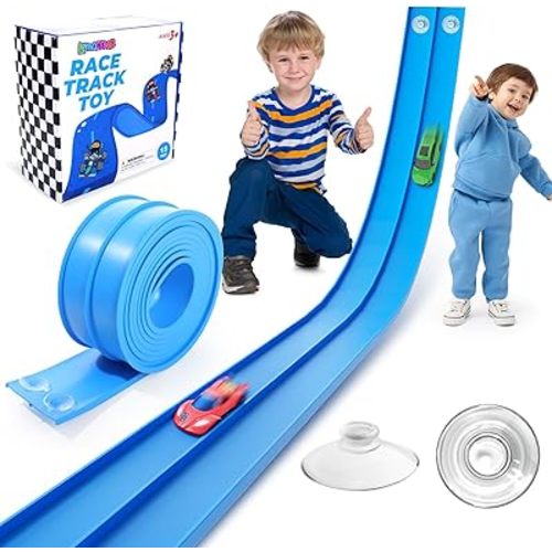 Flexible Race Track Toys for Kids: 15 Ft Flex Race Car Ramp Track with Suction Cups - Rolls Up Portable DIY Racetrack Compatible with Diecast 1/64th Cars Model - Birthday Gifts for Boys Girls Ages 3+
