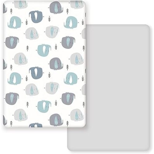 GRSSDER Stretchy Ultra Soft Jersey Knit Fitted Pack n Play Sheets Set 2 Pack, Portable/Mini Cribs Playards Sheets with Deep Pocket, Cute Elephant for Girls and Boys