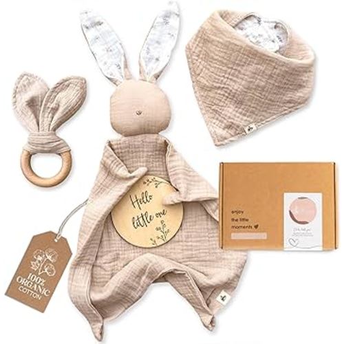 Mikito Organic Cotton Newborn Gifts Box, Baby Gifts Unisex incl. Muslin Baby Lovey Comforter + Baby Bandana Bib Drool + Wooden Baby Teether + Birth Announcement Sign, Baby Gift Set, Loveys for Babies