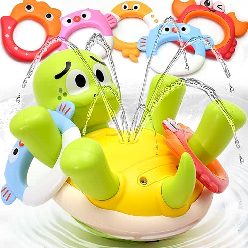 Sizobi Baby Bath Toys, Rechargeable Turtle Bath Toy Sprinkler for Kids Toddler with 5 Rings, Bathtub Fountain Spray Toy for Baby, Pool Water Table Bath Toys for Kids Ages 1-3 4 5 6 Year Old Boys Gifts