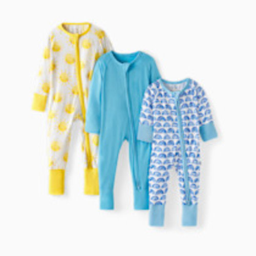 Little Sleepies Grow With Me Zippy Footie Three Pack - Blue Rainbows, Newborn To 3-6 Months