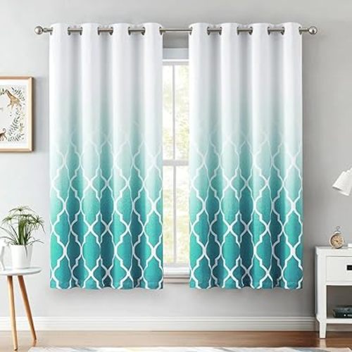 Metro Parlor Ombre Full Blackout Curtains 63 Inches Long 2 Panels for Living Room Bedroom Teal White Moroccan Geo Patterned Room Darkening Thermal Insulated Grommet Top Window Treatment Drapes,52x63