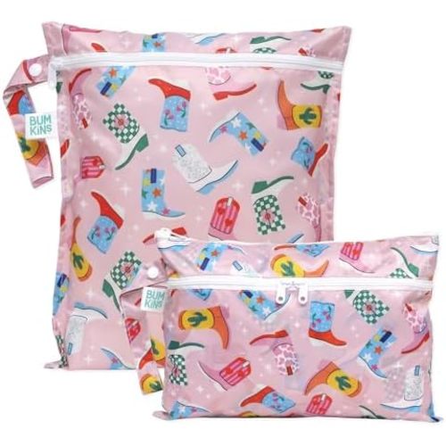 Bumkins Waterproof Wet Bag and Wet Dry Clutch Bags for Baby, Travel, Swim Suit, Cloth Diapers, Pump Parts, Pool, Gym Clothes, Toiletry, Hook to Stroller, Daycare, Packing Pouch, 2-pk Cowgirl Boots