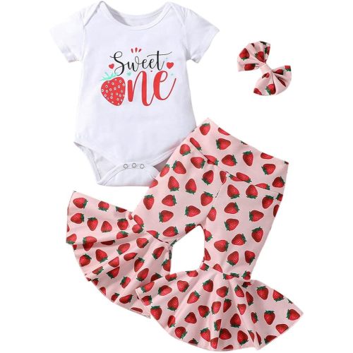 Baby Girl First Birthday Outfit Short Sleeve Romper Top Flare Pants Headband 3Pcs Cake Smash Clothes
