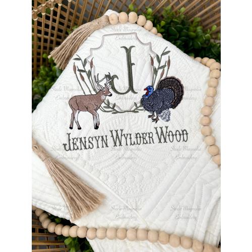Deer Hunting Nursery Decor Turkey Hunting Nursery Baby Boy Blanket Custom Name Heirloom Quilt Embroidered Personalized Baby Shower Gift