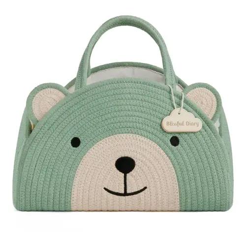 Blissful Diary Baby Diaper Caddy Organizer, Cotton Rope Diaper Caddy Basket, Large Storage Basket, Gift for Baby Shower, Newborn Essentials, Bear Roman Green