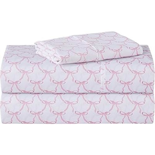 Softan Kids Twin Size Bed Sheets, 3-Piece, Deep Pocket, Pink Bowknot