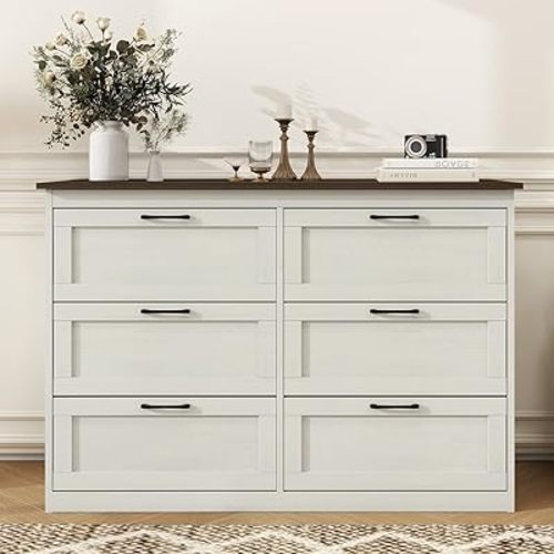 Vikiullf 6 Drawer Dresser - Farmhouse Dresser for Bedroom, Wooden Chest of Drawers, Storage Drawers for Bedroom, Living Room, Hallway, Entryway Organizer, Rust Oak White