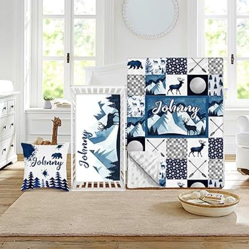 Custom Crib Bedding Set - Woodland Animals Design Personalized Name Baby Nursery Bed 3 Pcs Set - Chic Soft Blanket with Dotted Backing, Sheet, Pillowcase for Newborn Girls Boys Gifts Color10