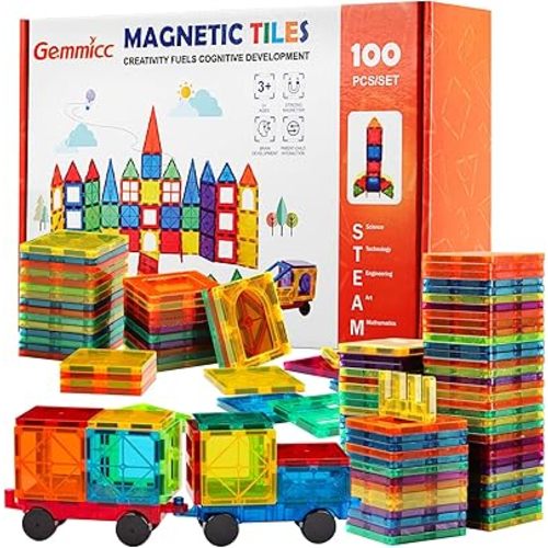 Gemmicc Magnetic Tiles 100 PCS with 2 Cars, STEM Approved Educational Magnet BuildingToys, Magnet Puzzles Stacking Blocks for Boys Girls