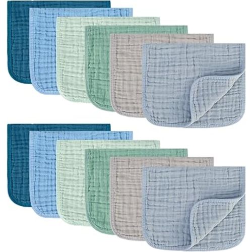 Muslin Burp Cloths 100% Cotton Pack of 12. Soft, Gentle & Absorbent Baby Burp Cloths for Baby Girl & Boys.(Blue & Green 12 Pieces)