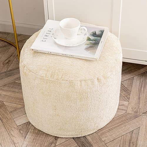 Round Boucle Pouf Ottoman Ottoman Foot Rest Modern Foam Filled Foot Stool Multifunctional Foot Rest Coffee Table Floor Pouf Seat for Living Room Bedroom Ivory