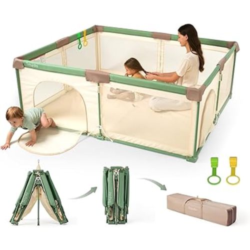Tinyiota Foldable Baby Playpen, 59x71 Inch Portable Play Yard for Babies and Toddlers with Soft Breathable Mesh, Storage Bag & 2 Pull-Toy Handles for Indoor & Outdoor (Green, 59x71)