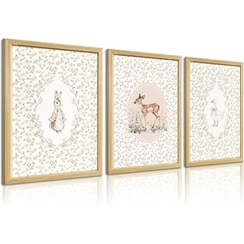 3Pcs Vintage Animal Nursery Wall Art Cute Rustic Rabbit Duck Deer Wall Decor Pictures Pink Flowers Canvas Posters Prints for Baby Bedoom Children's Room Home Decoration 16X24 in Unframed