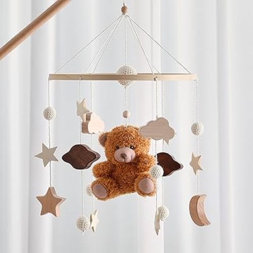 EERKEOD Baby Crib Mobile Bunny Nursery Mobile for Boys Girls Teddy Boho Mobile Nursery Decor for Infant Bedroom Hanging Baby Mobile for Bassinet Newborn Baby Gift (Boho Bear)