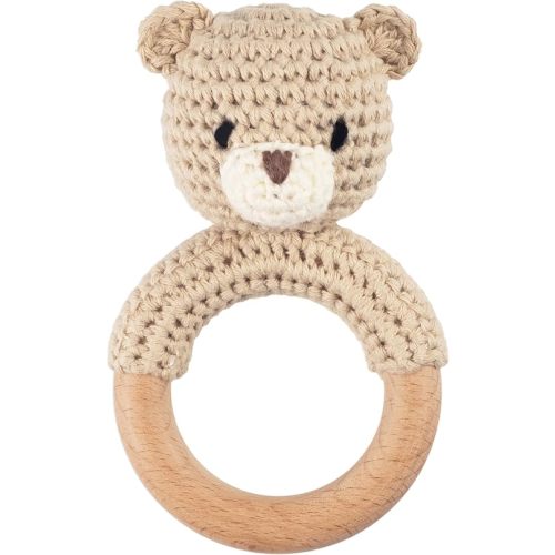Joliecraft Safari Animals Wooden Baby Rattle Toys Stuffed Crochet Rattle with Teether Ring for Newborn, Beige Bear