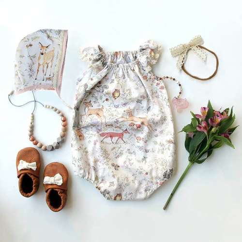 woodland baby girl romper, bubble romper, baby shower gift, baby girl clothes, newborn baby romper, fox baby clothes, Bambi