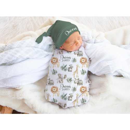 Safari Swaddle Blanket -Personalized Baby Boy Safari swaddle Blanket hat set- Jungle Animal baby Blanket-  Elephant Coming Home Outfit s375