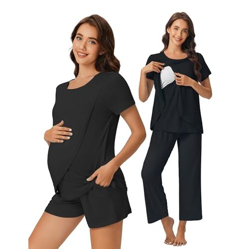 Ekouaer 3 PCS Maternity Nursing Pajamas Set Postpartum Breastfeeding Short Sleeve Shirts, Pregnancy Shorts & Pants Pjs S-XXL