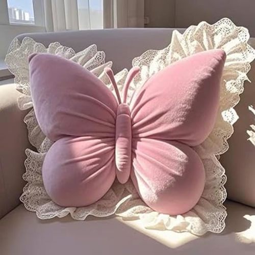 Butterfly Throw Pillow,21.6 inch Velvet Butterfly Decorative Pillow with Lace Trim,Animal Pillow for Couch Living Room Bed,Home Garden Decor (Pink)