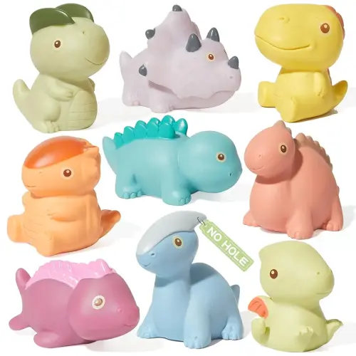 Mold-Free & No Holes Dinosaur Bath Toys 9 Pack | for Infants 6-12 & Toddlers 1-3 | Safe and Non Toxic Bathtub Pool Floating Toys | Birthday Gift for Toddlers Boys Girls