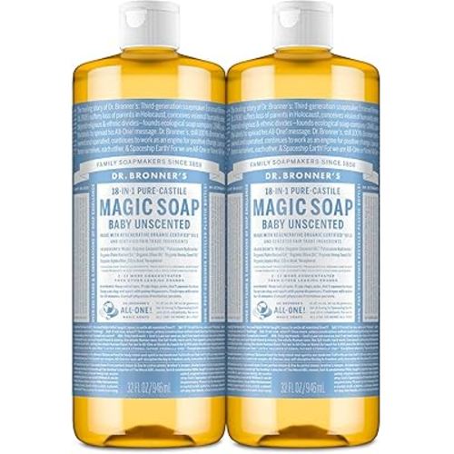 Dr. Bronner's Magic Soap-Pure-Castile Liquid Soap (Baby Unscented, 32 ounce, 2-Pack)-Regenerative Organic Certified Oils, 18-in-1 Uses: Body, Laundry & Dishes, For Sensitive Skin, No Fragrance