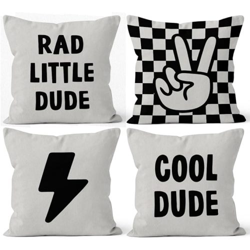 HIWX Rad Little Cool Dude Preppy Black Checkered Peace Sign Lightning Decorative Pillowcase Throw Pillow Cover,Trendy Preppy for Sofa Bed Boy Teen Room Dorm Decor 18 x 18 Inch Pillow Case Set of 4