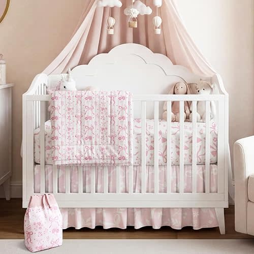 Hahafelt 4 Pieces Crib Bedding Set for Girls and Boys, Soft Baby Bedding Set Including Crib Skirt, Comforter, Sheet and Diaper Stacker for Nursery(Pink Bow)