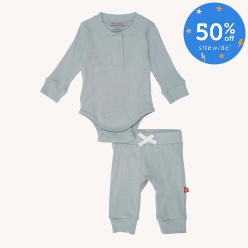 mist ribbed cotton magnetic long sleeve bodysuit + pant set – Magnetic Me