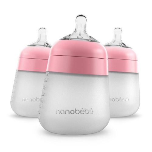 nanobebe Flexy Silicone Baby Bottle Anti-Colic Nipple, Soft Body, Stable Base - Pink - 9oz/3pk