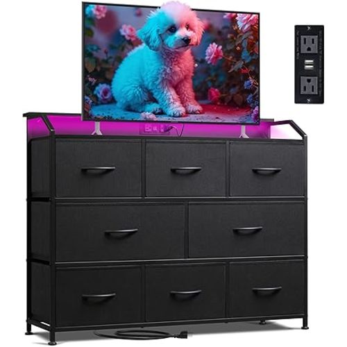 WLIVE Led Dresser for Bedroom, Black Dresser TV Stand for Bedroom with LED Lights and Power Outlet, Wide Chest of Drawers for Hallway, 8 Fabric Drawers for Living Room and Entryway, Easy to Assemble