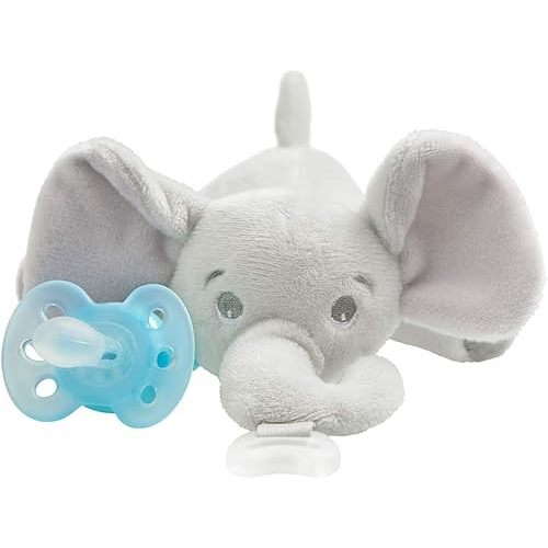 Philips AVENT Ultra Soft Snuggle Pacifier Holder with Detachable Pacifier, 0-6m, Elephant, SCF348/03