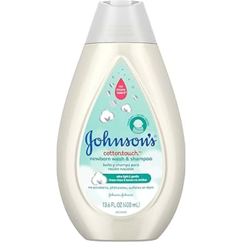 Johnson's CottonTouch Newborn Baby Body Wash & Shampoo, Gentle & Tear-Free, Made with Real Cotton, Gently Washes Away Dirt & Germs, Sulfate- & Paraben-Free for Sensitive Skin, 13.6 fl. oz