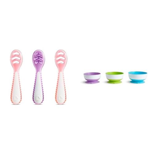 Munchkin Gentle Dip First Spoon & Stay Put Suction Bowl Sets for Baby Self Feeding, 3 Packs - Coral/Purple - Set + Bowls + 3pk Suction Bowls
