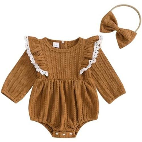 Douhoow Baby Girl Sweatshirt Romper Infant Baby Knit Romper Ruffle Festival Clothes Fall Winter Outfits with Headband