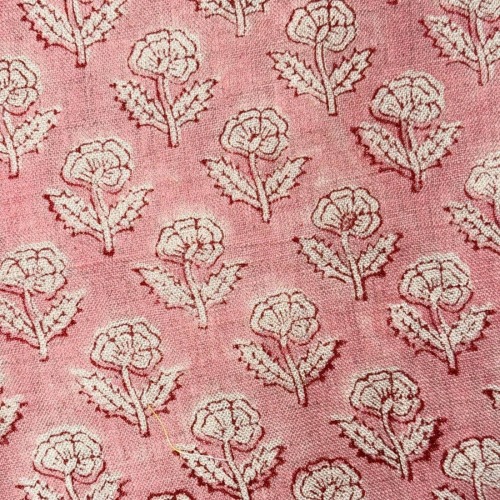 Hand Block Printed Linen Fabric, Pink Floral Buta, Home Decor